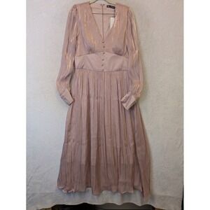 Anewsta Women's L Victorian Metallic Pleated Long Sleeve V Neck Maxi Dress